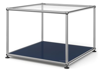 Table d'appoint 50 USM Haller, Panneau supérieur en verre, panneau inférieur en métal, Bleu acier RAL 5011