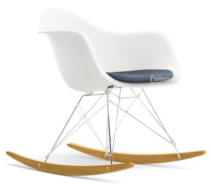 Eames Plastic Armchair RE RAR avec rembourrage, Blanc non-RE, Avec coussin d'assise, Bleu foncé / ivoire, Sans passepoile, Chromé/érable nuance de jaune