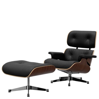 Eames Lounge Chair & Ottoman, Noyer foncé, Cuir Premium F nero, 84 cm - Hauteur originale de 1956, Aluminium poli