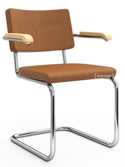 Chaise cantilever S 64 PV Pure Materials, Cuir Nubuk ocre-marron, Frêne, Chromé, Sans patins