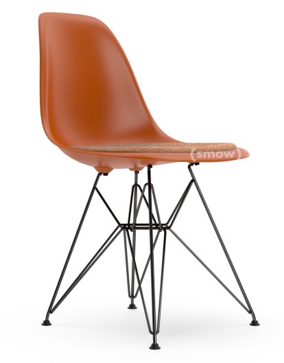 Eames Plastic Side Chair RE DSR, Orange rouille, Avec coussin d'assise, Cognac / ivoire, Version standard - 43 cm, Revêtement basic dark