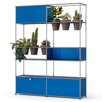 Étagère de séparation USM Haller E plantes, Bleu gentiane RAL 5010, Basalte, Éclairage LED blanc chaud