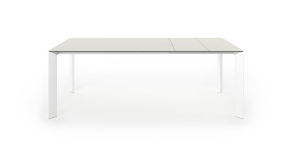 Table à manger Nori, Stratifié gris sable, L 139-214 x L 90 cm, Aluminium laqué blanc
