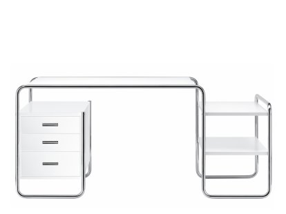Bureau S 285  Bauhaus, Hêtre laqué à pores ouverts blanc pur, 1 grand bloc de tiroirs / 2 étagères