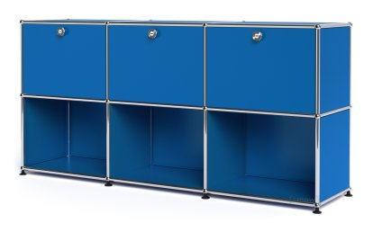 Meuble mixte Sideboard 50 USM Haller, personnalisable, Bleu gentiane RAL 5010, Avec 3 portes abattantes, Ouvert