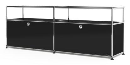 Meuble bas Lowboard L USM Haller avec rehausse, personnalisable, Noir graphite RAL 9011, Avec 2 portes abattantes, Avec passe-câbles au centre haut