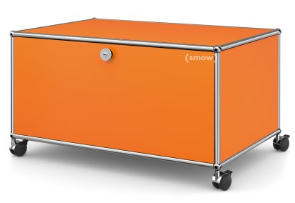 Meuble bas Lowboard TV sur roulettes USM Haller, Avec porte abattante et paroi arrière, Orange pur RAL 2004
