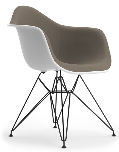 Eames Plastic Armchair DAR, Coton blanc, Rembourrage intégral, Gris chaud / marron marais, Version standard - 43 cm, Revêtement basic dark