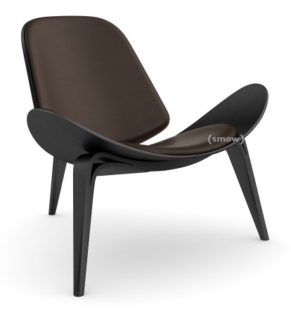 Chaise CH07 Shell, Chêne laqué noir, Cuir marron