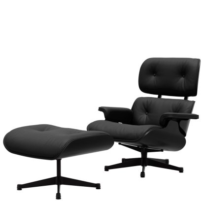 Eames Lounge Chair & Ottoman, Châtaignier noir, Cuir Premium F nero, 89 cm, Noir peint par poudrage