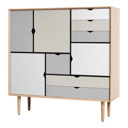 Commode S3, Chêne savonné, Argent-Blanc/beige/gris