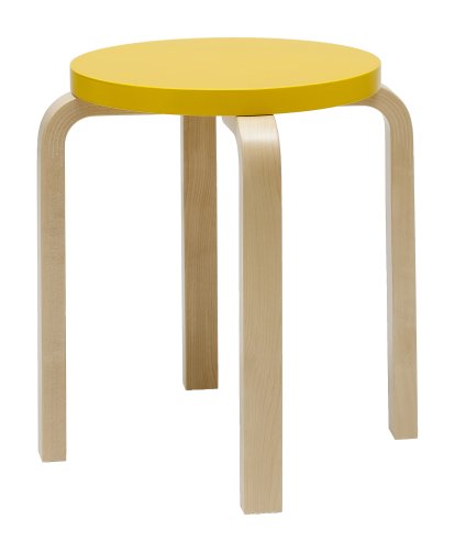 Tabouret E60, Assise laquée jaune, pieds bouleau laqué nature