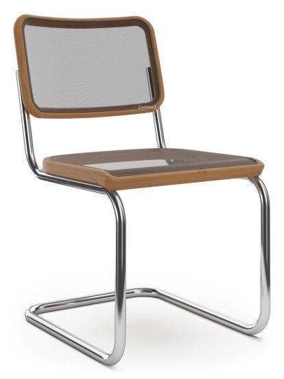 Chaise cantilever S 32 / S 32 N Bauhaus, Filet synthétique, Hêtre teinté couleur cerisier, Patins en plastique noir avec feutre