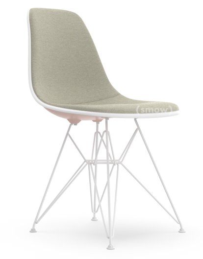 Eames Plastic Side Chair DSR, Rose pâle, Rembourrage intégral, Gris chaud / ivoire, Version standard - 43 cm, Revêtement blanc