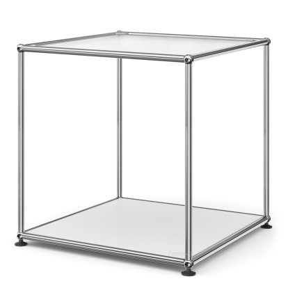 Table d'appoint USM Haller 50 haute, Panneau supérieur en verre laqué, panneau inférieur en métal, Argent mat USM