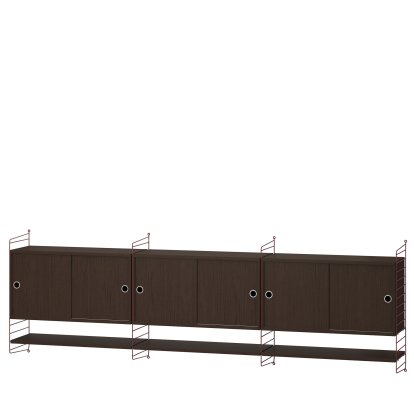 Étagère murale String System avec 3 armoires suspendues, Placage de chêne foncé, Rouge foncé