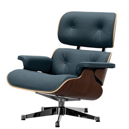 Eames Lounge Chair, Noyer foncé, Cuir Premium F bleu fumé, 84 cm - Hauteur originale de 1956, Aluminium poli