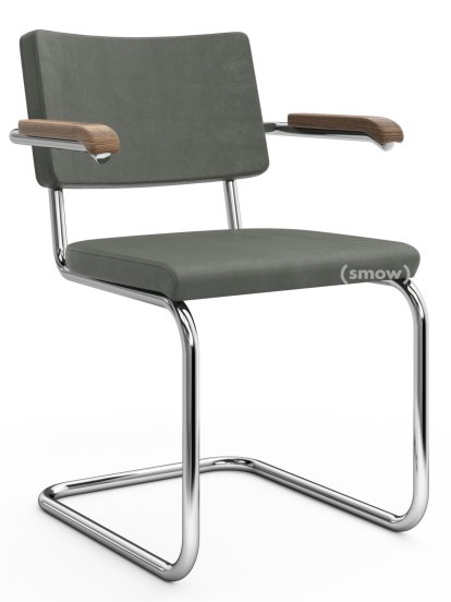 Chaise cantilever S 64 PV Pure Materials, Cuir Nubuk vert-gris, Noyer, Chromé, Patins en plastique noir avec feutre