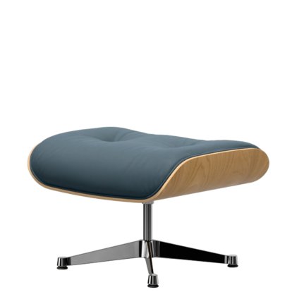 Eames Lounge Chair Ottoman, Châtaignier naturel, Cuir Premium F bleu fumé, Aluminium poli