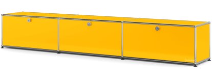 Meuble bas Lowboard XL USM Haller, personnalisable, Jaune or RAL 1004, Avec 3 portes abattantes, 35 cm