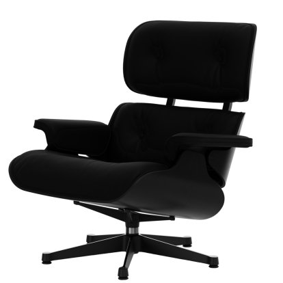 Eames Lounge Chair, Châtaignier noir, Cuir Premium F nero, 84 cm - Hauteur originale de 1956, Aluminium poli, côtés noirs