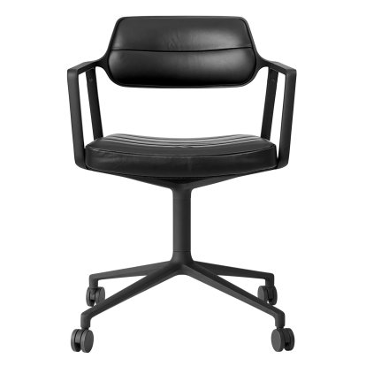 Chaise pivotante Swivel 453, Revêtement en poudre noir, Piétement à roulettes, Cuir noir
