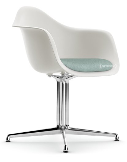 Eames Plastic Armchair RE DAL, Blanc non-RE, Avec coussin d'assise, Bleu glacier / ivoire, Aluminium poli, Nouvelle hauteur d'assise (43,0 cm)