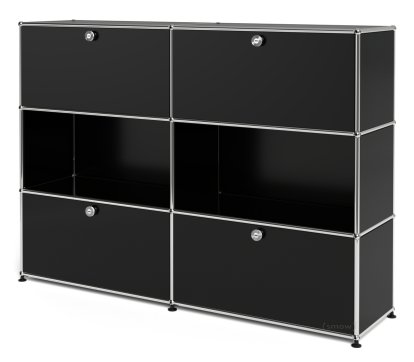 Meuble haut Highboard L USM Haller, personnalisable, Noir graphite RAL 9011, Avec 2 portes abattantes, Ouvert, Avec 2 portes abattantes