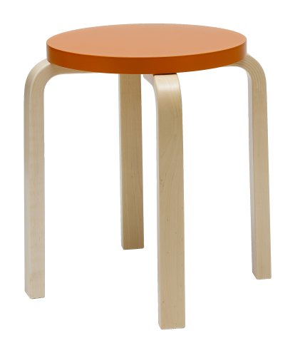 Tabouret E60, Assise laquée orange, pieds bouleau laqué nature