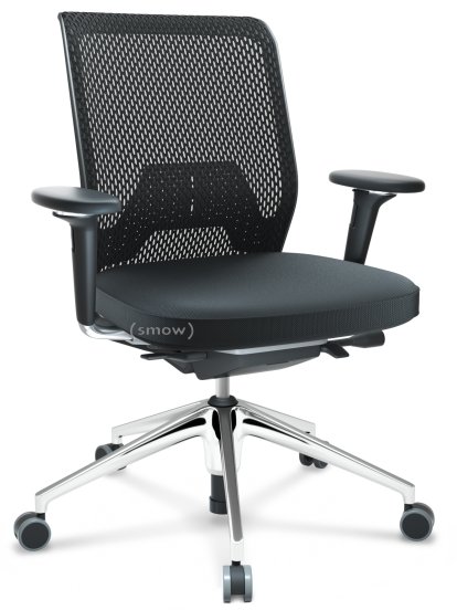 ID Mesh, Mécanisme Flowmotion avec inclinaison avant et réglage de la profondeur , Avec accotoirs 3D, Piétement à 5 branches, aluminium poli, Noir basic, Assise Skin, dossier Netline, Nero, Durs pour tapis