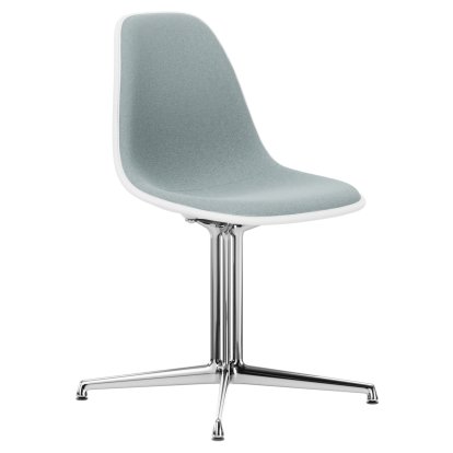 Eames Plastic Side Chair DSL, Blanc RE, Rembourrage intégral, Bleu glacier / ivoire, Aluminium poli