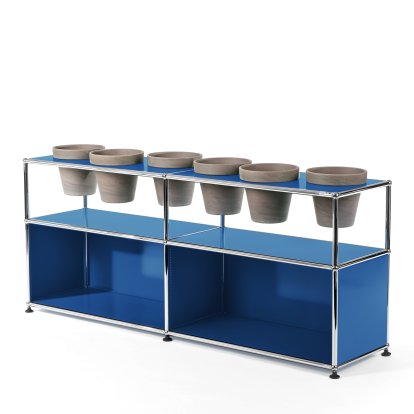 Meuble Sideboard USM Haller pour plantes, Bleu gentiane RAL 5010, Ouvert, Avec 6 pots, Basalte