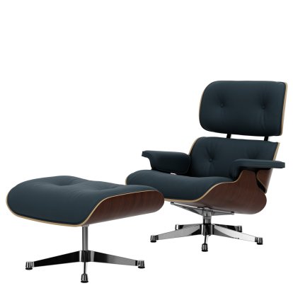 Eames Lounge Chair & Ottoman, Noyer foncé, Cuir Premium F bleu fumé, 89 cm, Aluminium poli