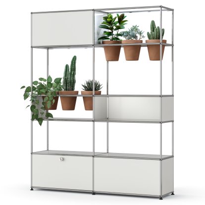 Étagère de séparation USM Haller E plantes, Blanc pur RAL 9010, Terre cuite, Éclairage LED blanc froid