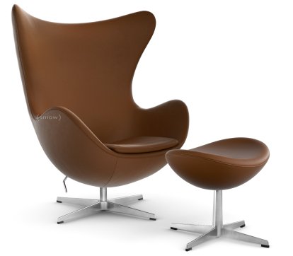 Fauteuil Egg (Oeuf), Cuir Essential, Noyer, Aluminium satiné et poli, Avec repose-pied
