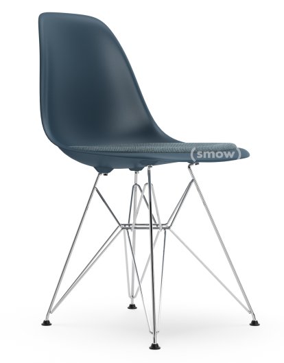 Eames Plastic Side Chair RE DSR, Bleu océan, Avec coussin d'assise, Bleu glacier / marron marais, Version standard - 43 cm, Chromé
