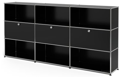 Meuble haut Highboard XL USM Haller, personnalisable, Noir graphite RAL 9011, Ouvert, Avec 3 portes abattantes, Ouvert