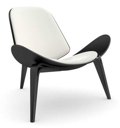 Chaise CH07 Shell, Chêne laqué noir, Cuir blanc