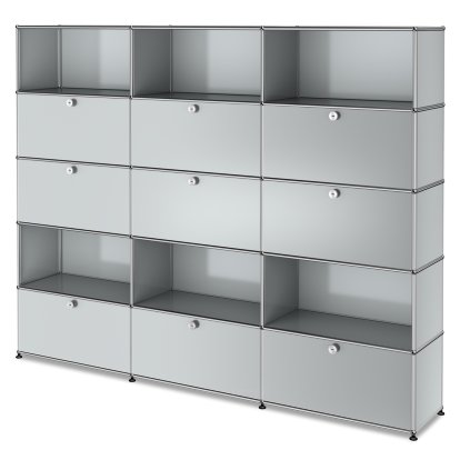 Étagère à dossiers XL USM Haller, personnalisable, Gris clair RAL 7035, Avec 3 portes abattantes, Avec 3 portes abattantes, Ouvert, Avec 3 portes coulissantes