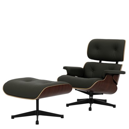 Eames Lounge Chair & Ottoman, Noyer foncé, Cuir Premium F gris umbra, 84 cm - Hauteur originale de 1956, Aluminium poli, côtés noirs