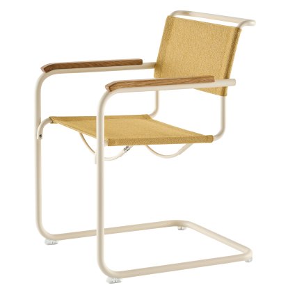 Chaise Cantilever S 33 / S 34 V Tissu, Accoudoirs en chêne huilé, Blanc perle mat revêtu par poudre, Tissu cento corn- sable, Patins en plastique transparent avec feutre