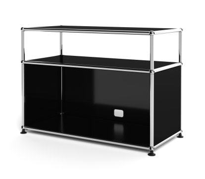 Meuble bas Lowboard M USM Haller avec rehausse, personnalisable, Noir graphite RAL 9011, Avec  porte abattante, Avec passe-câbles au centre bas