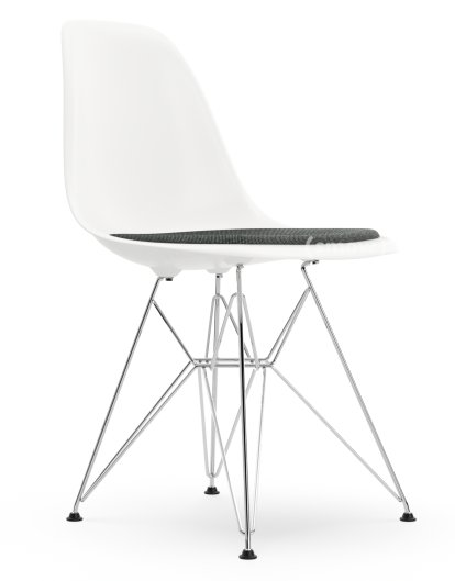 Eames Plastic Side Chair DSR, Blanc RE, Avec coussin d'assise, Nero / ivoire, Version standard - 43 cm, Chromé