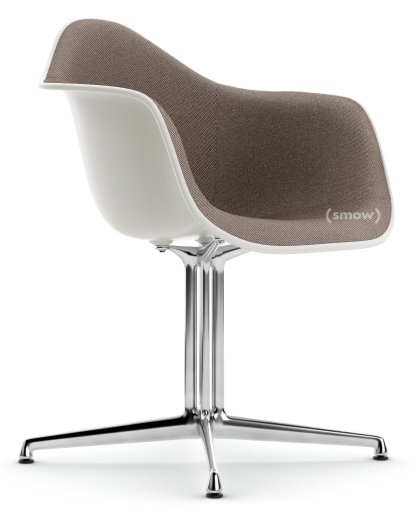 Eames Plastic Armchair RE DAL, Blanc non-RE, Rembourrage intégral, Gris chaud / marron marais, Aluminium poli, Nouvelle hauteur d'assise (43,0 cm)