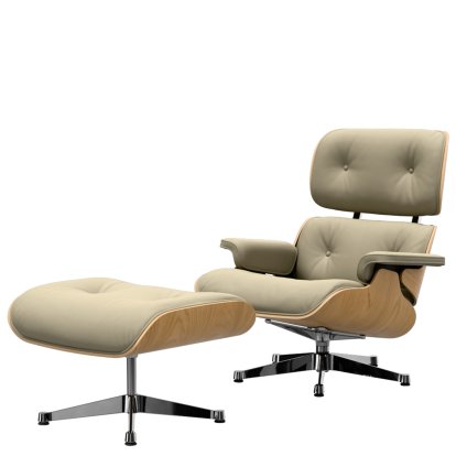 Eames Lounge Chair & Ottoman, Châtaignier naturel, Cuir Premium F sable, 89 cm, Aluminium poli