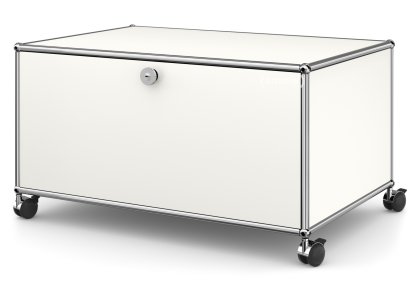Meuble bas Lowboard TV sur roulettes USM Haller, Avec porte abattante et paroi arrière, Blanc pur RAL 9010