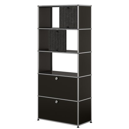 Étagère USM Haller, 2 abattants sans paroi arrière, avec 2 Soft Panels, verticale, Noir graphite RAL 9011, Gris foncé / Gris