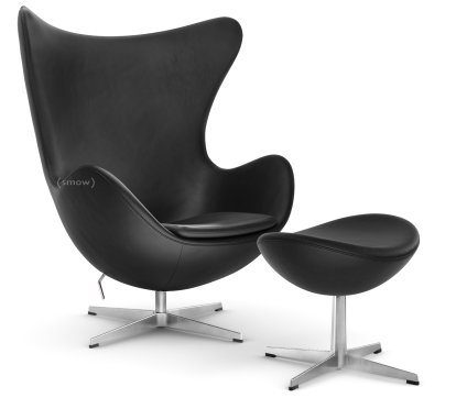 Fauteuil Egg (Oeuf), Cuir Essential, Noir, Aluminium satiné et poli, Avec repose-pied