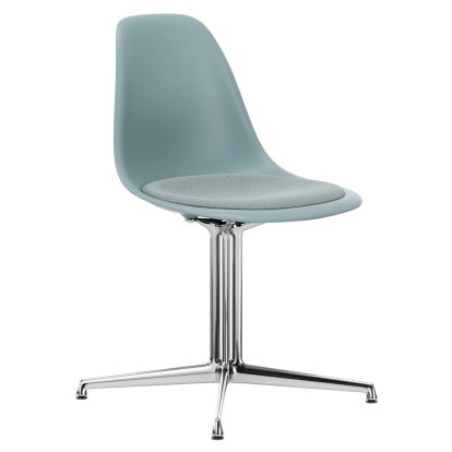 Eames Plastic Side Chair DSL, Gris bleuté, Avec coussin d'assise, Bleu glacier / ivoire, Aluminium poli