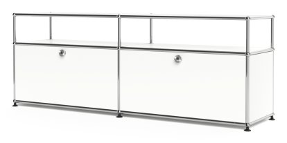 Meuble bas Lowboard L USM Haller avec rehausse, personnalisable, Blanc pur RAL 9010, Avec 2 portes abattantes, Avec passe-câbles au centre bas